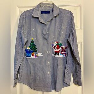 Karen Scott Blue Striped Button Down Shirt with Christmas Design